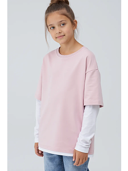 Лонгслив оверсайз с двойным рукавом розово-молочный (128)